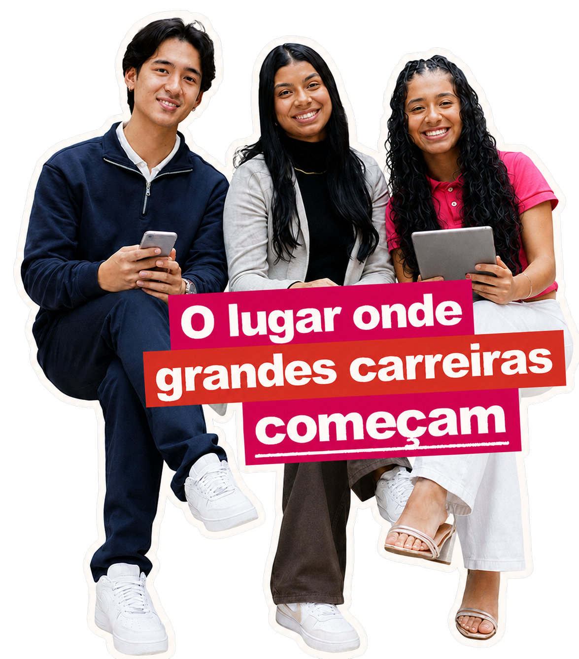 Três jovens aprendizes sorrindo — o lugar onde grandes carreiras começam